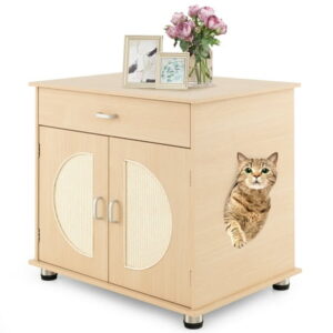 Gymax Cat Litter Box Enclosure w/ Sisal Scratching Doors Storage Adjustable Metal Feet