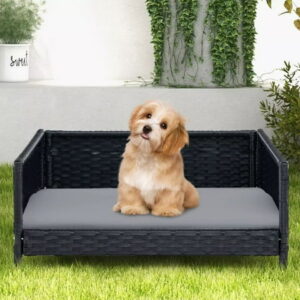 Laicejoy Rattan Dog Bed, Wicker Dog House with Removable Cushion, Metal Frame, Indoor Outdoor Raised Dog Shelter