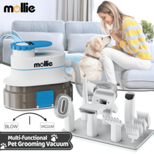 mollie Dog Cat Grooming Kit & Vacuum Suction & Blower 3-in-1, Professional Pet Grooming Vacuum Set with 6 Grooming Tools, Electric Trimmer with Guide Combs, Christmas Gift, Blue