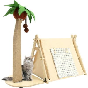 DENEST Coconut Tree Tent Cat Nest Cat Scratching Post with Hanging Balls Jute Rope