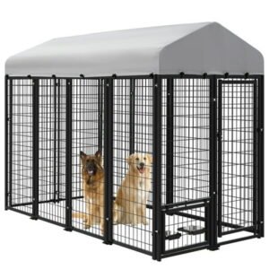 AHB Large Dog Kennel Outdoor Dog House, Heavy Duty Welded Wire Steel Fence Dog Cage with Waterproof UV-Resistant Cover, Feeding Door and Secure Lock (8x4x6 ft)