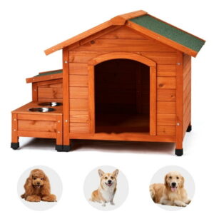 Zimtown Wooden Dog House Outdoor Waterproof Raised Floor with Storage Bucket and Bowl