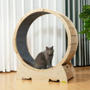 COZIWOW Large Wood Cat Exercise Wheel, Cat-Powered Running Spinner with Carpeted Runway, Natural and Gray