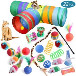 Tripumer T-Type Cat Tunnel Tube 22PCS Pet Toy Set Tunnel Type Interactive Cat Toy Three-Way Tube Cat Tunnel Cat Teaser Suitable for Cats, Puppies, Kitty, Kittens, Rabbits – Colorful
