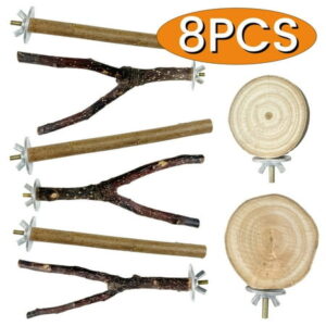 Bird Perch Bird Toys Natural Wood Parrot Perch Stand Branch Perch Platform Hammock Swing Toy for Macaws, Small Parakeets, Conures, Budgies, Finches 8PCS