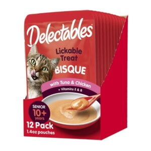 Hartz Delectables Bisque Lickable OIF8 Wet Cat Treats with Tuna & chicken, Senior Cats 10+ years, 1.4 Ounce (Pack of 12) – Packaging May Vary