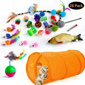 Tripumer 28Pcs Cat Tunnel Toys Collapsible Kitten Toy Set Pet Tunnel Leopard Print Teasing Stick for Kittens Puppies Pets Indoor Outdoor-Orange