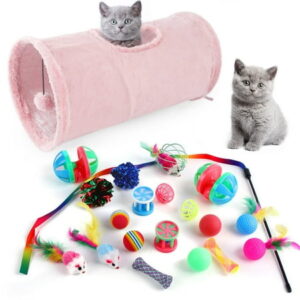 Tripumer 21Pcs Cat Toys Kitten Toy Set Tunnel Interactive Cat Toys Plush Cat Folding Tunnel Teaser Stick 7 Colourful Mouse for Cats, Rabbits, Kittens, Puppies and Small Pets (Rose)