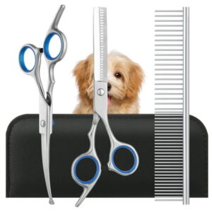 Prdigy 3PCS Dog Grooming Scissors and Comb with Storage Bag, Stainless Steel Pet Grooming Trimmer Kit, Professional Thinning Shears, Curved Scissors with Safety Round Tip, and Comb for Dogs and Cats