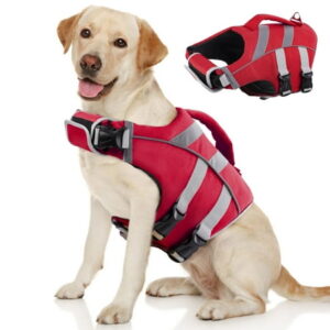 Kuoser Dog Life Jacket with Reflective Stripes, Adjustable Dog Life Vest Ripstop Dog Lifesaver, Red, XXL