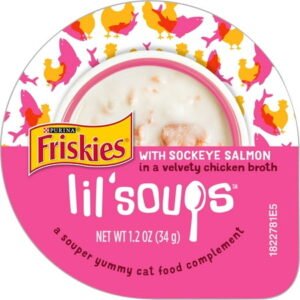 Purina Friskies Natural, Grain MMF7 Free Wet Cat Food Lickable Cat Treats, Lil’ Soups With Sockeye Salmon in Chicken Broth – (Pack of 8) 1.2 oz. Cups