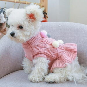 Dog Sweater Dress, Pet Sweater with Colorful Pom Pom Warm Knitwear Pullover Dog Skirt Puppy Princess Dress Apparel for Small Medium Dogs and Cats