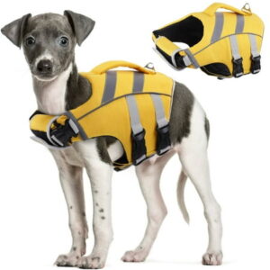 Kuoser Dog Life Jacket with Reflective Stripes, Adjustable Dog Life Vest Ripstop Dog Lifesaver, Yellow, L