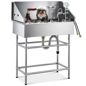 CO-Z Professional Elevated 34″ Stainless Steel Dog Bath Tub & Pet Grooming Station