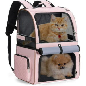 Lekebobor Double Cat Backpack Carrier for 2 Cats, Double-Compartment Pet Carrier Backpack for Two Small Cats or One Medium Dogs, Cats Carrier Backpack Dog Carrier Backpack Fits Up to 24 Lbs,Pink