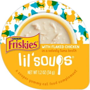 Purina Friskies Lil’ Soups Wet Cat Food Chicken in Tuna Broth, 1.2 oz Tubs (8 Pack)