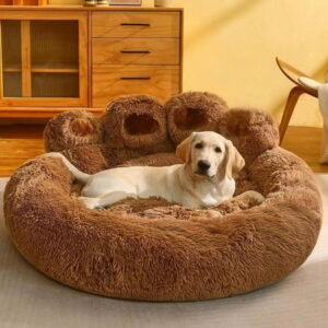 Fnochy Clearance Cute Round Calming Dog Bed of Paw Shape, Pet Large Plush Dog Donut Bed for Medium Large Breed Dog, Soft, Comfy and Cozy Doggie Bed with Bolster, Coffee