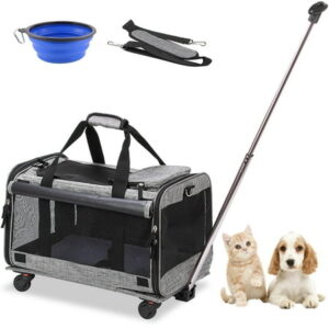 Pet Carrier with Wheels, Airline Approved Dog Carrier, Cat Dog Travel Bag with Telescopic Handle, Grey