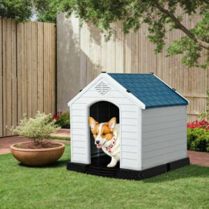 Pefilos 27″ Outdoor Waterproof Dog House, Pet Houses for Small Dogs, Plastic Cat House with Ventilate, Indoor Puppy House, White