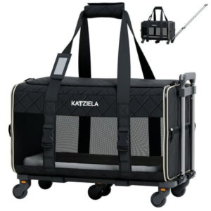 Katziela Quilted Chariot Pet Carrier With Removable Wheels and Double Telescopic Handle (Black) Pack 1