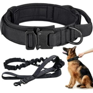 Tactical Dog Collar and Leash Set Adjustable Nylon Military Dog Collar with Control Handle Heavy Duty Metal Buckle and Bungee Leash for Dog Training (Large, Black)