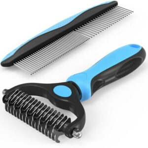 UNIFULL Pet Grooming Brush and Metal Comb Set, Cat and Dog Brush for Shedding, Dematting and Deshedding Brush – Dogs’ Shedding Tool for Long and Matted Haired Pets, Blue