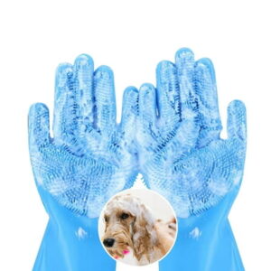 Pet Grooming Gloves, Dog Washing Gloves with High-Density Teeth, Heat Resistant Silicone Hair Remover, Bathing and Massaging for Dogs and Cats (Blue)