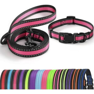 | Reflective Dog Collar Leash Set | Small Dog Collar Leash Set | Medium Dog Collar Leash Set | Adjustable Collar Leash Set (Reflective Edge Pink, Medium (Pack of 2))