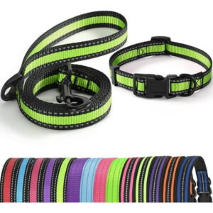 | Reflective Dog Collar Leash Set | Small Dog Collar Leash Set | Medium Dog Collar Leash Set | Adjustable Collar Leash Set (Reflective Edge Limegreen, Medium (Pack of 2))