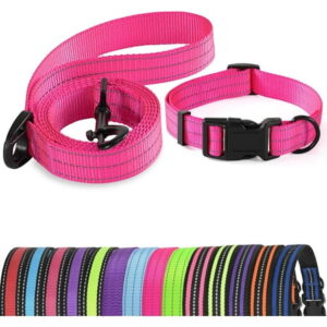 | Reflective Dog Collar Leash Set | Small Dog Collar Leash Set | Medium Dog Collar Leash Set | Adjustable Collar Leash Set (Reflective Solid Pink, Small (Pack of 2))