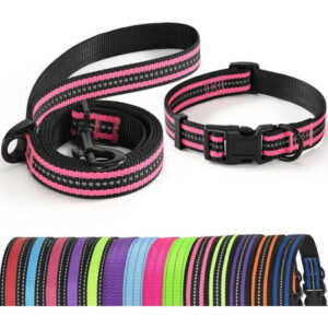 | Reflective Dog Collar Leash Set | Small Dog Collar Leash Set | Medium Dog Collar Leash Set | Adjustable Collar Leash Set (Reflective Stripe Pink, Large (Pack of 2))