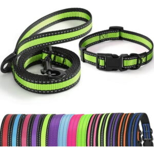 | Reflective Dog Collar Leash Set | Small Dog Collar Leash Set | Medium Dog Collar Leash Set | Adjustable Collar Leash Set (Reflective Edge Limegreen, Large (Pack of 2))