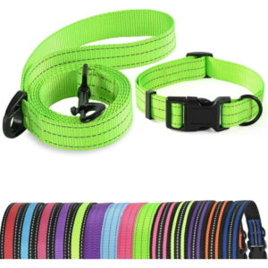 | Reflective Dog Collar Leash Set | Small Dog Collar Leash Set | Medium Dog Collar Leash Set | Adjustable Collar Leash Set (Reflective Solid Limegreen, Medium (Pack of 2))