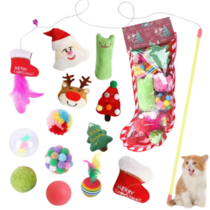 Cat Christmas Stocking Filled with Toys – Easy Cat Christmas Gifts – Stocking with Cat Toys Christmas – 13 Toys