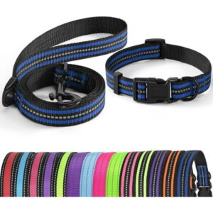 | Reflective Dog Collar Leash Set | Small Dog Collar Leash Set | Medium Dog Collar Leash Set | Adjustable Collar Leash Set (Reflective Stripe Blue, Large (Pack of 2))