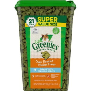 Greenies Feline Adult Natural Dental Care Cat Treats Oven Roasted Chicken Flavor, 21 oz. Tub