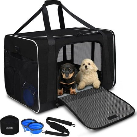 Pet Carrier 24″x17″x17″ for Large Cats Dogs, Pet Carrier for 2 Cats or Medium Dog, Cat Soft Carrier for Car Travel and Hospital with 1 Box, 2 Bowls and Locking Safety Zipper(Black)