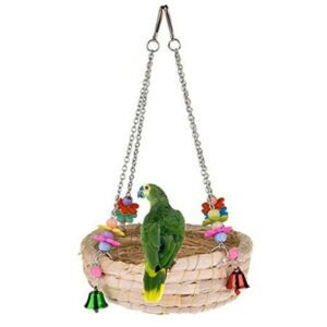 OAVQHLG3B Woven Straw Nest Bed Large Bird Swing Toy with Bell for Parrot Cockatiel Parakeet African Grey Budgie Canary Lovebird Hamster Cage Perch