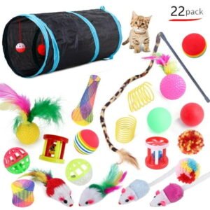 Tripumer 22Pcs Cat Toys Kitten Toy Set Tunnel Interactive Cat Toys Cat Tunnel Leopard Print Teasing Stick Fluffy Mouse Crinkle Ball for Cats
