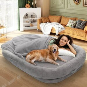 Human Dog Bed with Blanket,large dog bed 72” x 48” x 10”, Washable Fur Cover, Memory Foam, Grey