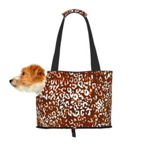 TEQUAN Foldable Dog Purse Carrier, Collapsible Leopard Animal Texture Brown Prints Pet Travel Tote Bag for Small Cat Puppy, Waterproof Dog Soft-Sided Carriers