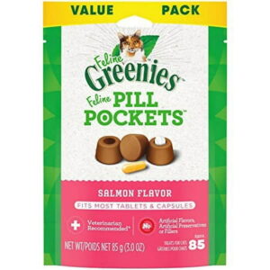 FELINE GREENIES PILL POCKETS for Cats Natural Soft Cat Treats, Salmon Flavor, 3 oz. Pack (85 Treats)