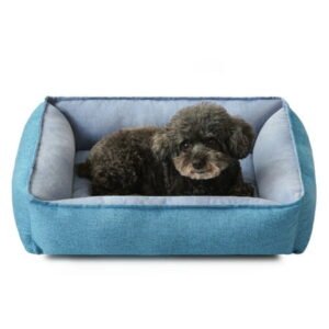 COSYJOY Rectangle Pet Bed with Four-Sided Bolster Cushion For Small Medium Dogs/ Cats, Washable Linen Soft Cuddle Dog Bed Calming Sleeping Dog Bed, Anti-Slip Bottom, 24″ Blue