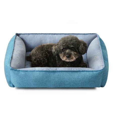 COSYJOY Rectangle Pet Bed with Four-Sided Bolster Cushion For Small Medium Dogs/ Cats, Washable Linen Soft Cuddle Dog Bed Calming Sleeping Dog Bed, Anti-Slip Bottom, 24″ Blue