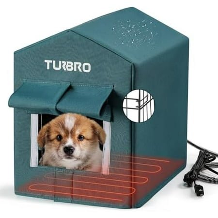 TURBRO Heated Dog House Outdoor, Insulated and Weatherproof Iron Shelter for Feral and Dogs Outside, Heating Pad Bed with 14.7ft Anti-Bite Cord, UL Test Passed, Blue