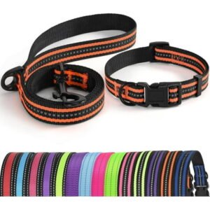 | Reflective Dog Collar Leash Set | Small Dog Collar Leash Set | Medium Dog Collar Leash Set | Adjustable Collar Leash Set (Reflective Stripe Orange, Large (Pack of 2))