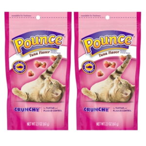 Pounce Tarter Control Crunchy Tuna Flavored Cat Treats Tartar & Plaque Control Made with Real Tuna Bite-Sized Heart Shape Feline Treats Convenient & Resealable for Easy Treating Cat Paws 2.1oz- 2 Pack