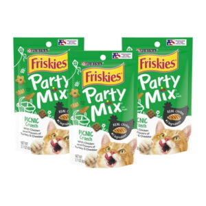 Purina Friskies Party Mix Cat Treats, Picnic Crunch with Chicken & Flavors of Turkey & Cheddar, Cat Treats for Adult Cats, 2.1-Ounce Pouch (Pack of 3)