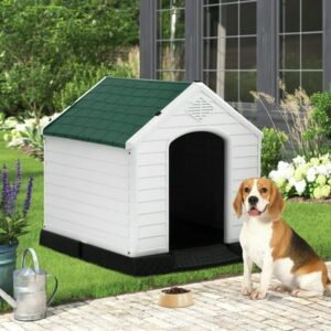 Dkelincs 32 inch Large Dog House Plastic Indoor Outdoor Waterproof Doghouse Puppy Shelter with Air Vents and Elevated Floor, Green