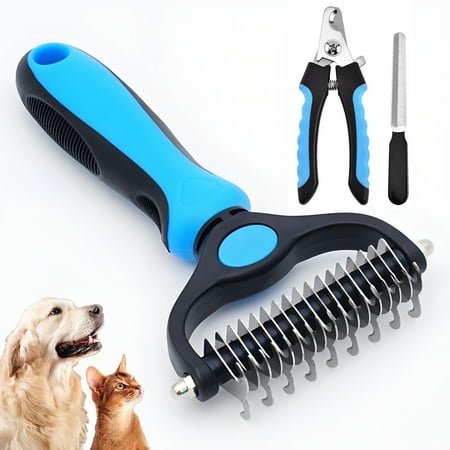 Detetap Dog brush for shedding Undercoat Rake for Dogs & Cats – Double Sided Brush for Dematting Comb Grooming Tool kit – Nail Clippers & Nail File (Blue-Black(3 Pack))